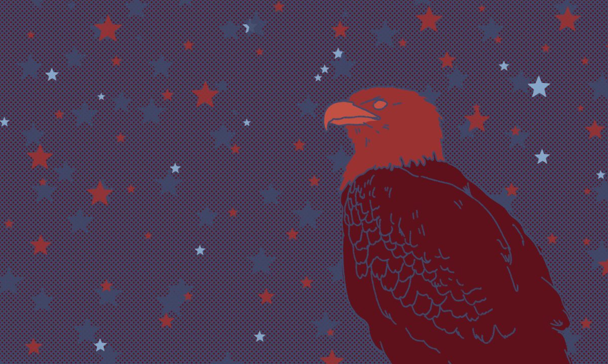 An eagle drawn in different shades of red is situated on the right side of the image looking toward the left. The background of the illustration is navy blue with blue and red stars.