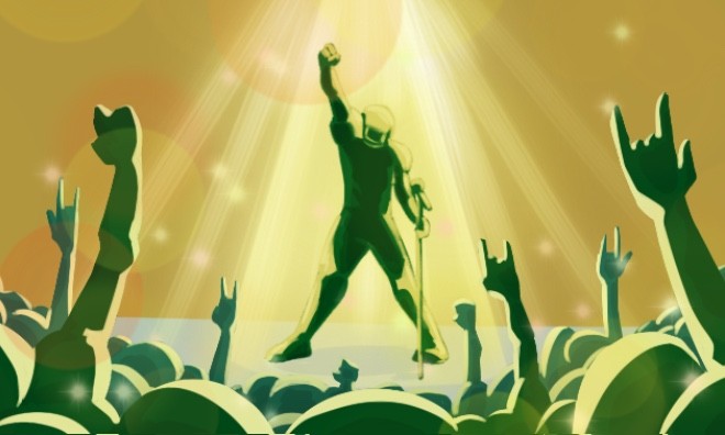 A green human figure stands on a yellow-illuminated stage in front of a crowd of other green human figures in the audience.