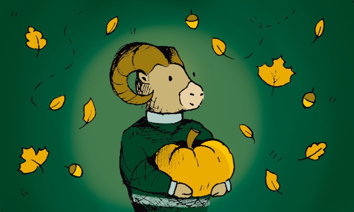 A ram in a green sweater holds a pumpkin while yellow-orange leaves fall around it.