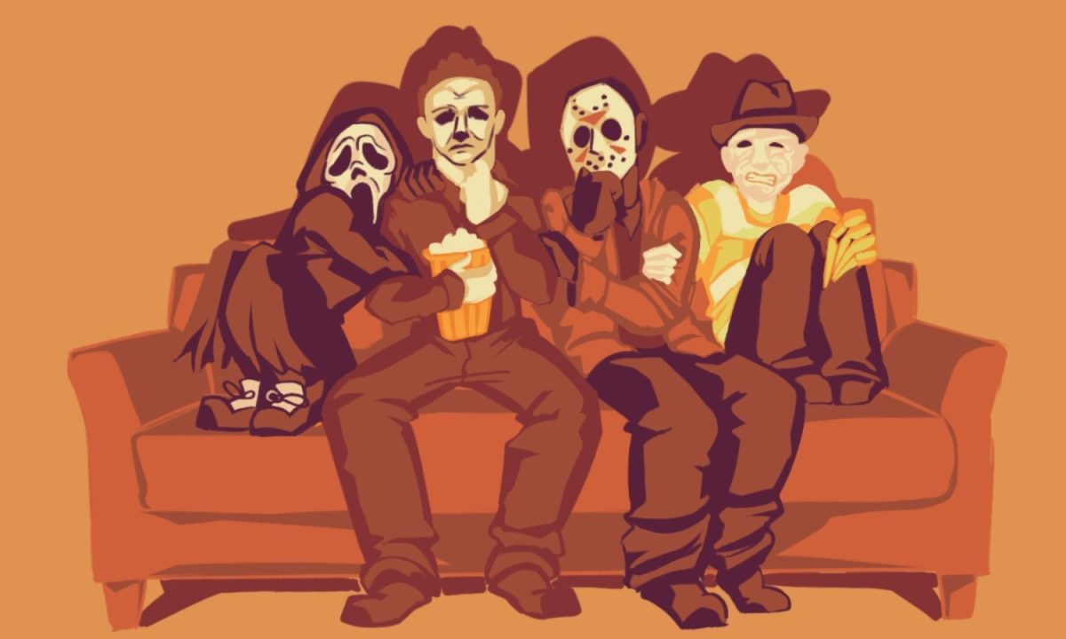 Illustration on infamous horror movie villans sitting on a couch looking frightened.