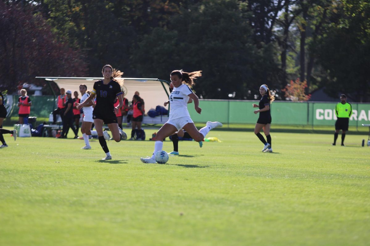 Mia Massey (5), Colorado State mid-fielder, winds up to kick the ball Oct. 3.