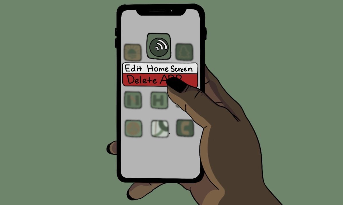 Illustration of someone pressing delete on an app on their phone.