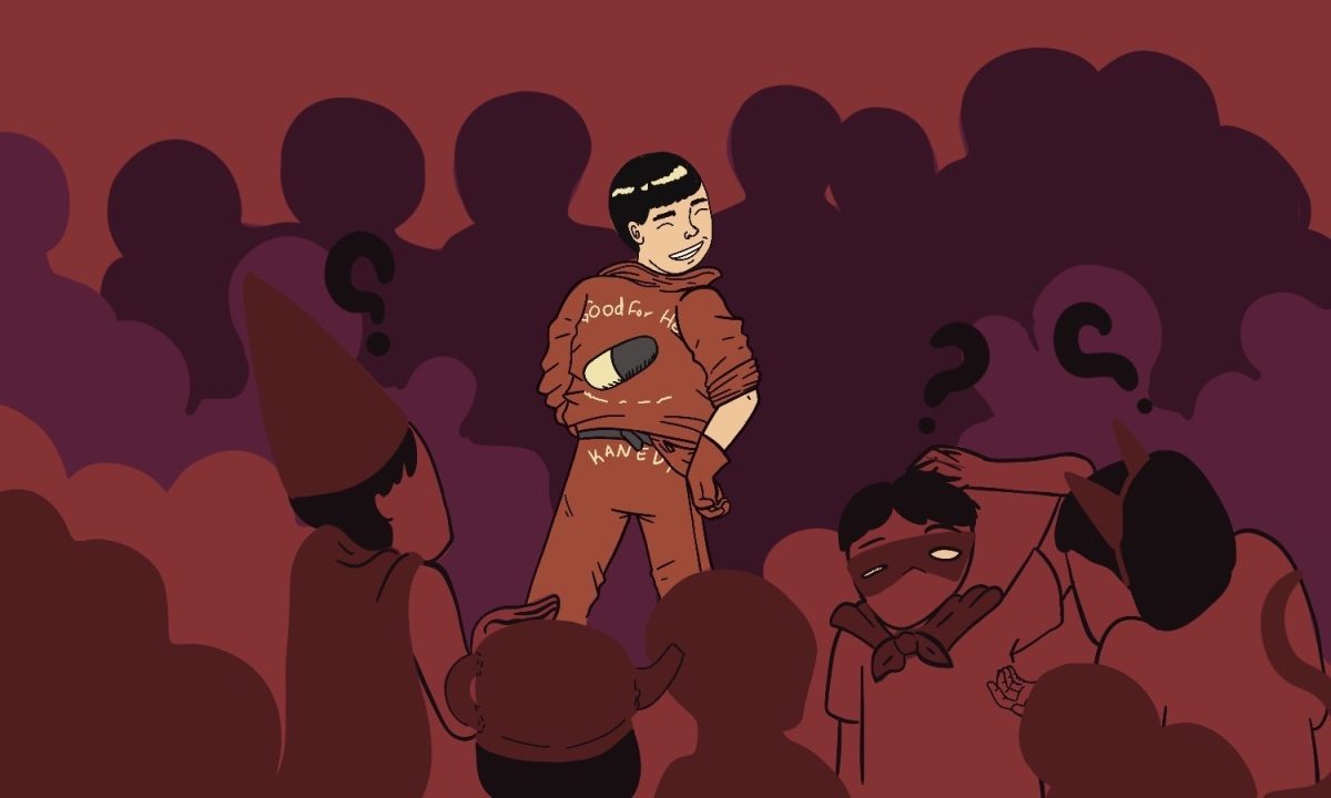 An illustration of a crowd of people surrounding a man facing forward with his head turned to the front of the image. The drawing is in red and purple tones.