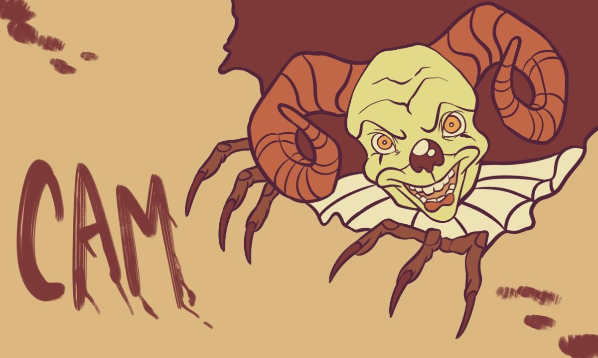 An illustration of Cam the Ram in a scary Pennywise costume. he has long, red claws, and to the left of the drawing is the word "Cam" written in blood.