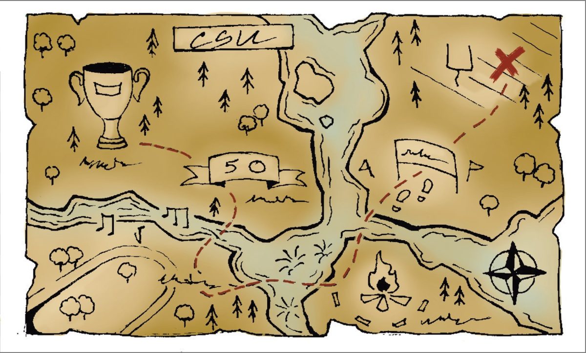 Treasure map that is titled CSU, following the events of Homecoming and Family Weekend.