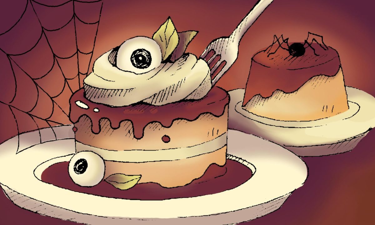 An illustration of two plates with desserts on them. One has two eyeballs and a spider web on it and the other has a spider on top of it.