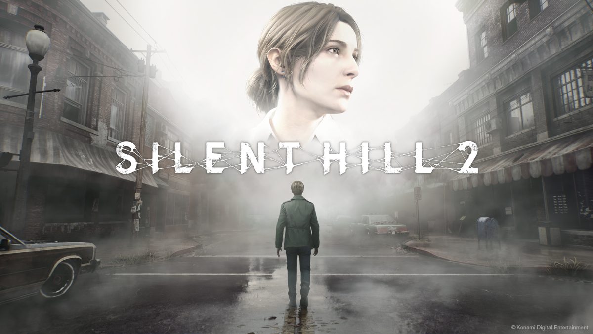 A video game poster with the name "Silent Hill 2" in all caps and white text in the center. There are run-down buildings on either side, a film of fog in the center and a man walking on the road. Above him in the sky is a woman's face looking to the right.