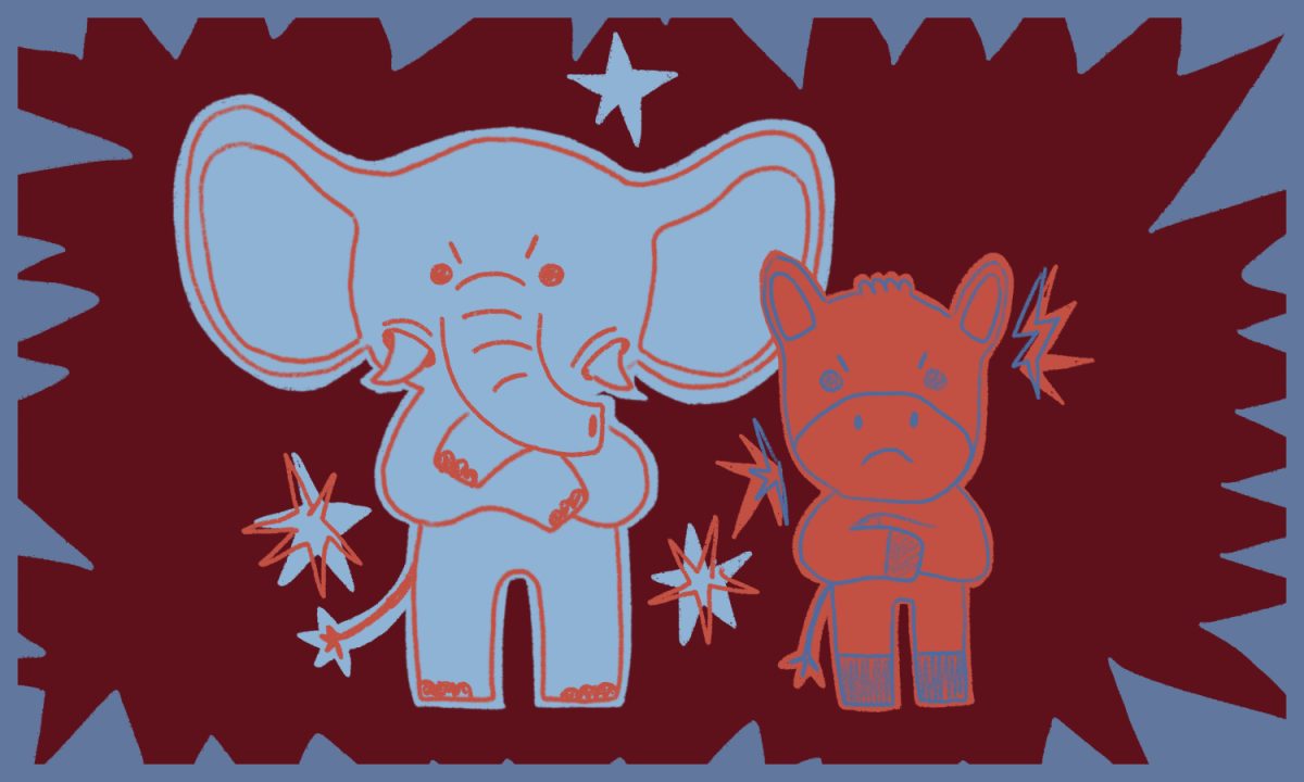 A blue elephant with an angry expression on its face standing next to a red cow also with an angry expression.