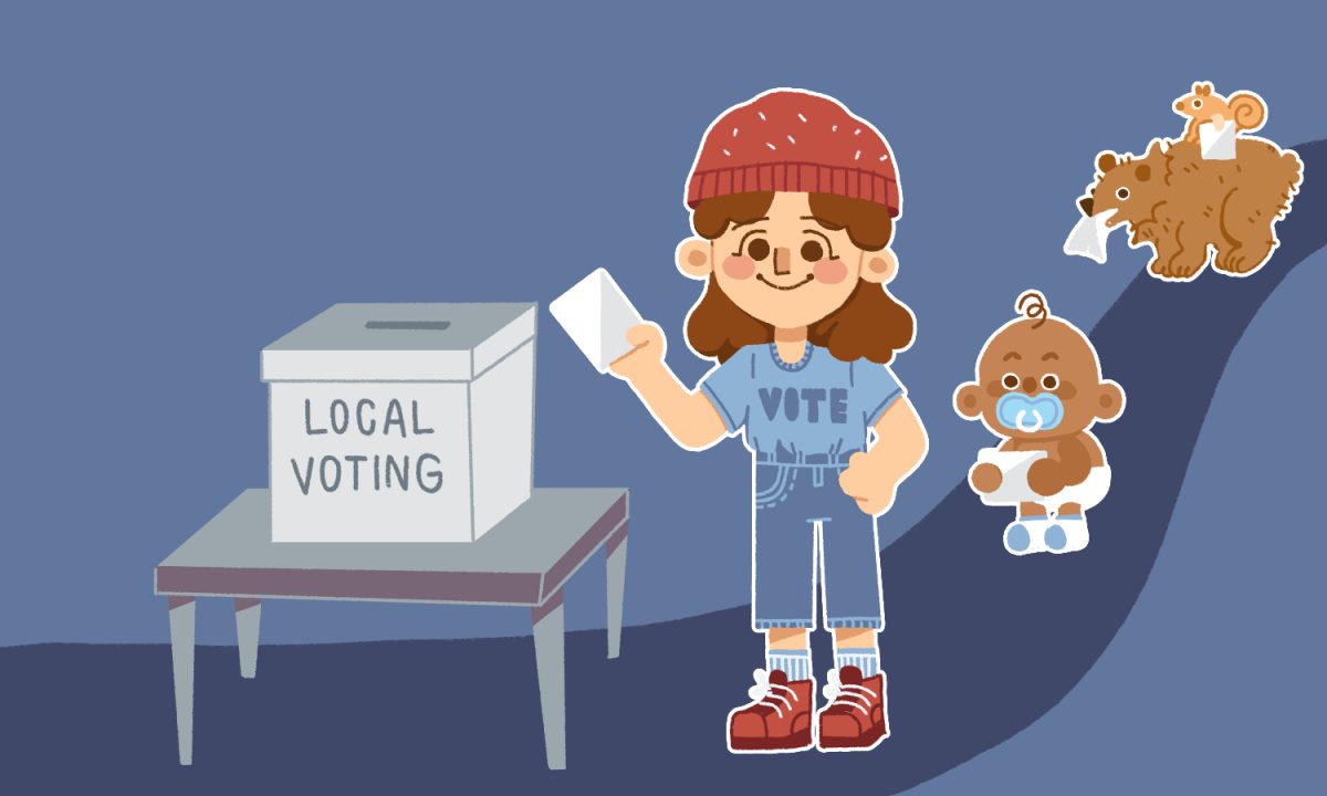 A person places a ballot into the local voting box, and behind her stands a newborn baby and a bear both waiting to also place their ballot in the box.