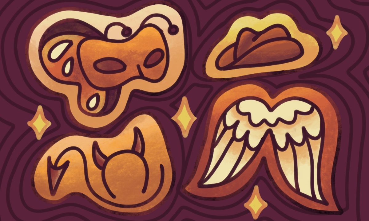 Orange icons of angel wings, cowboy hat, devil ears, a mask and butterfly wings wings displayed on a burgundy background.