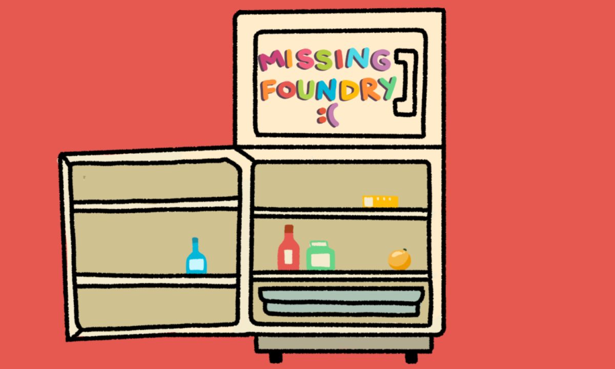 An illustration of a cream-colored refrigerator with the words "missing foundry" spelled out on the freezer door and only a few items in the fridge compartment. The refrigerator is centered in front of a red background.