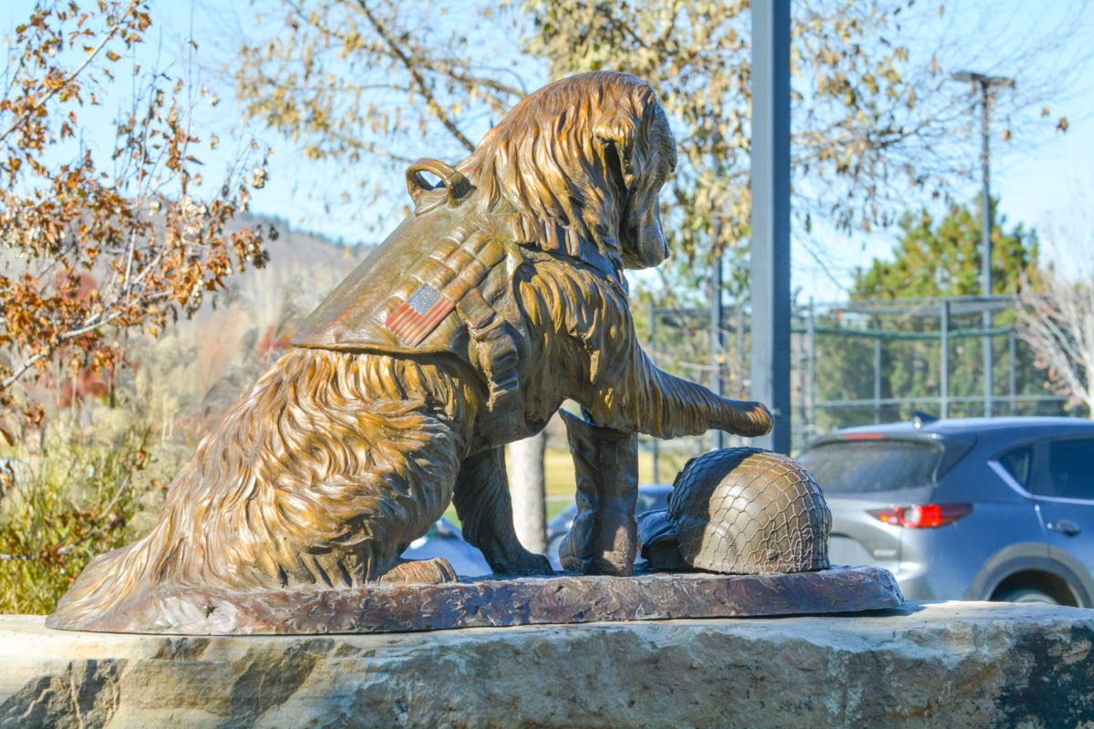 A statue of a service dog in Veterans Plaza "Arthur, My Hero, My Friend" Nov. 11. This statue was donated by Diggs Brown who was Arthurs owner.