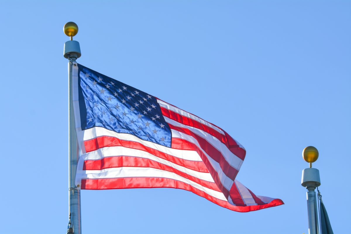 The American Flag swaying in the wind in the Veterans Plaza Nov. 11.