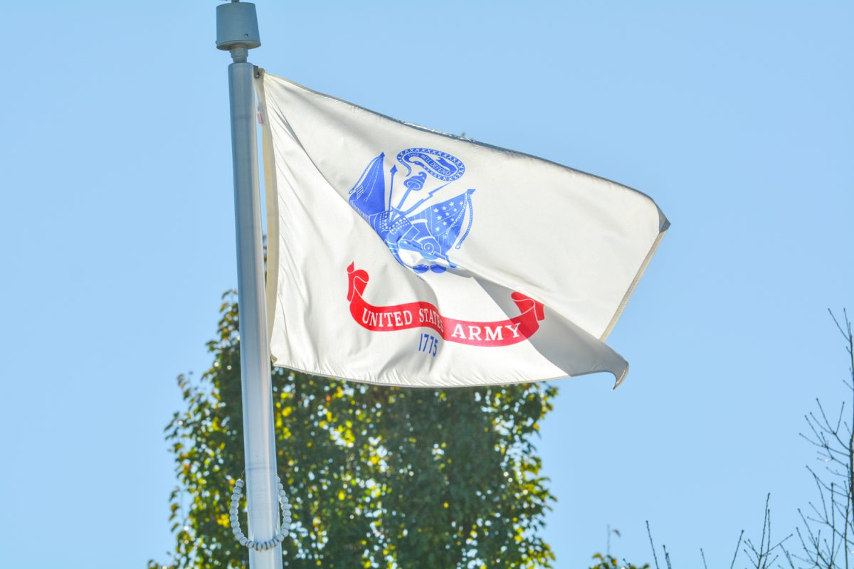 The United States Army flag swaying in the wind Nov. 11. This flag is located at The Veterans Plaza of Northern Colorado.