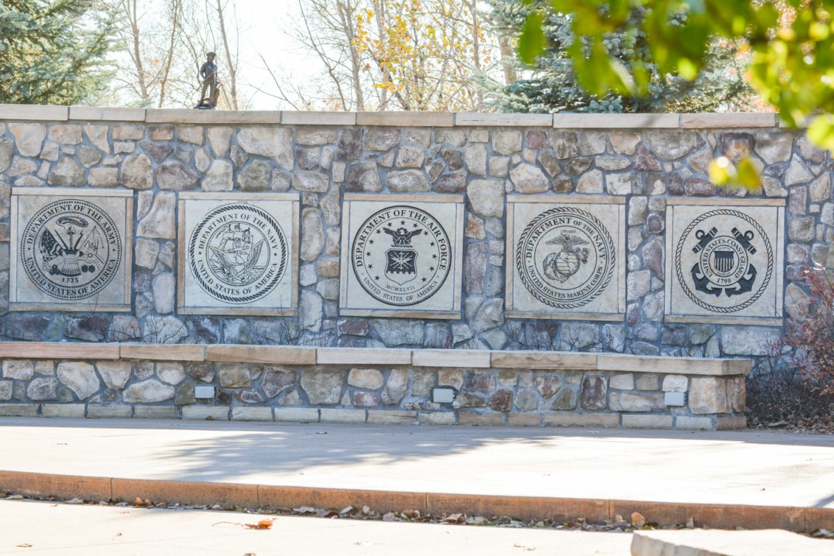 A statue of all four branches of the military Nov. 11. This statue is at the Veterans Plaza of Northern Colorado.