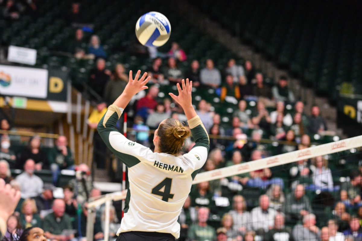 A player in a green and white jersey setting the ball