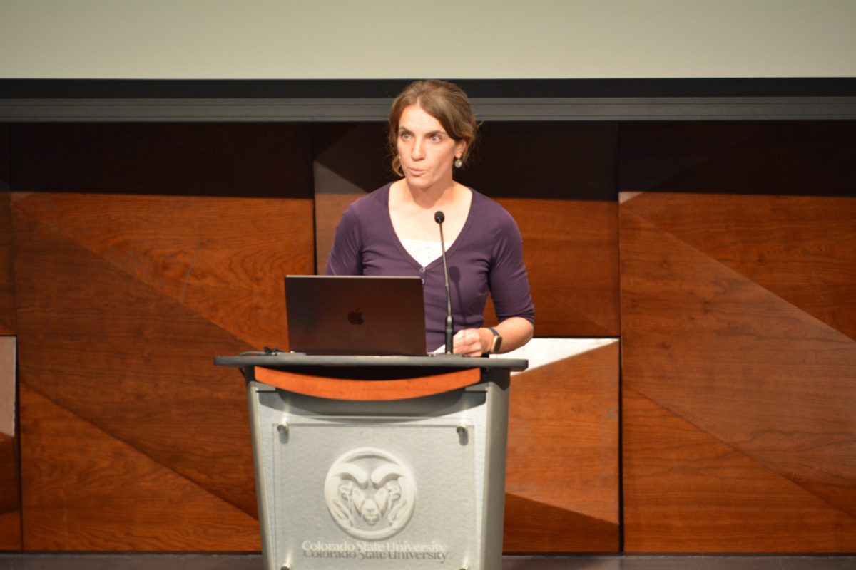 A woman talking into the microphone looking at the crowd