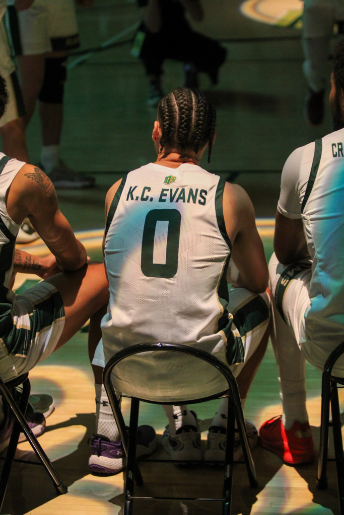 Colorado State guard Kyan Evans (0) prepares to be announced as a starter.