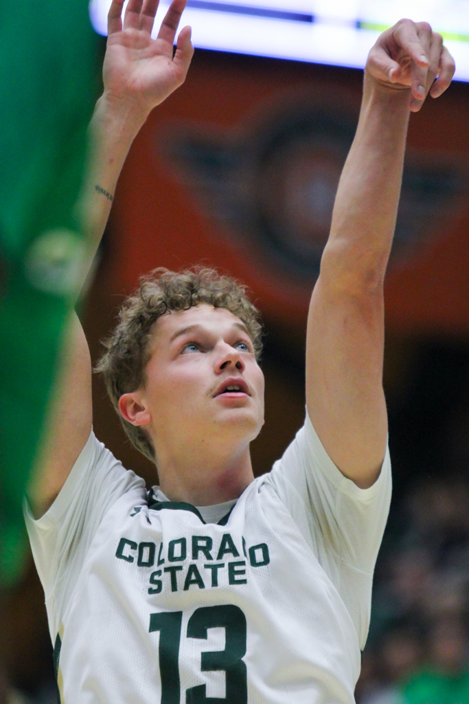 Bowen Born (13), a Colorado State guard, shoots a free throw.