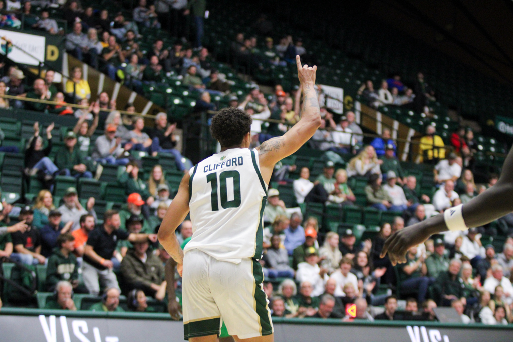 Colorado State guard Nique Clifford (10) points upward after scoring a two-pointer.