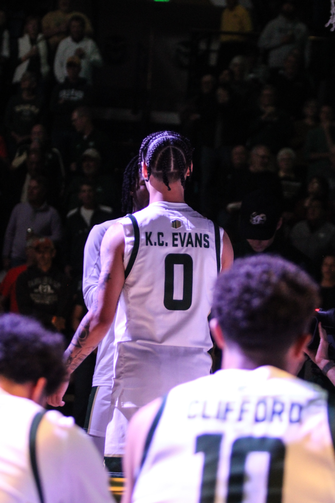 Kyan Evans (0), a Colorado State guard, is announced as a starter for CSU basketball.