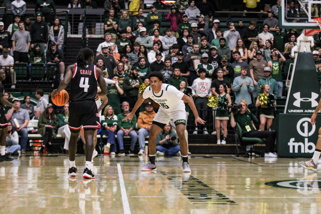 Colorado State's Jalen Lake (15) guards University of Denver's DeAndre Craig (4).