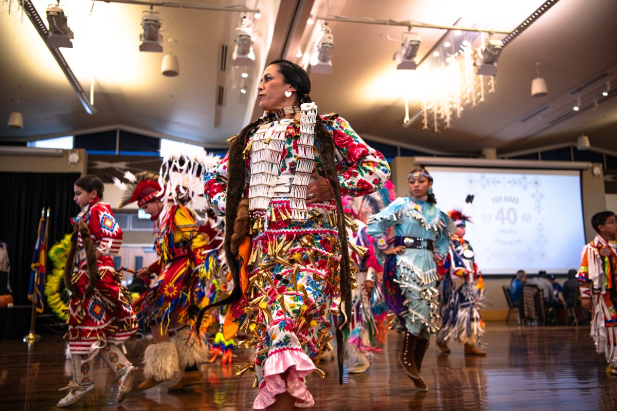 A dancer in traditional Native American regalia with an array of colors dances in a ballroom.