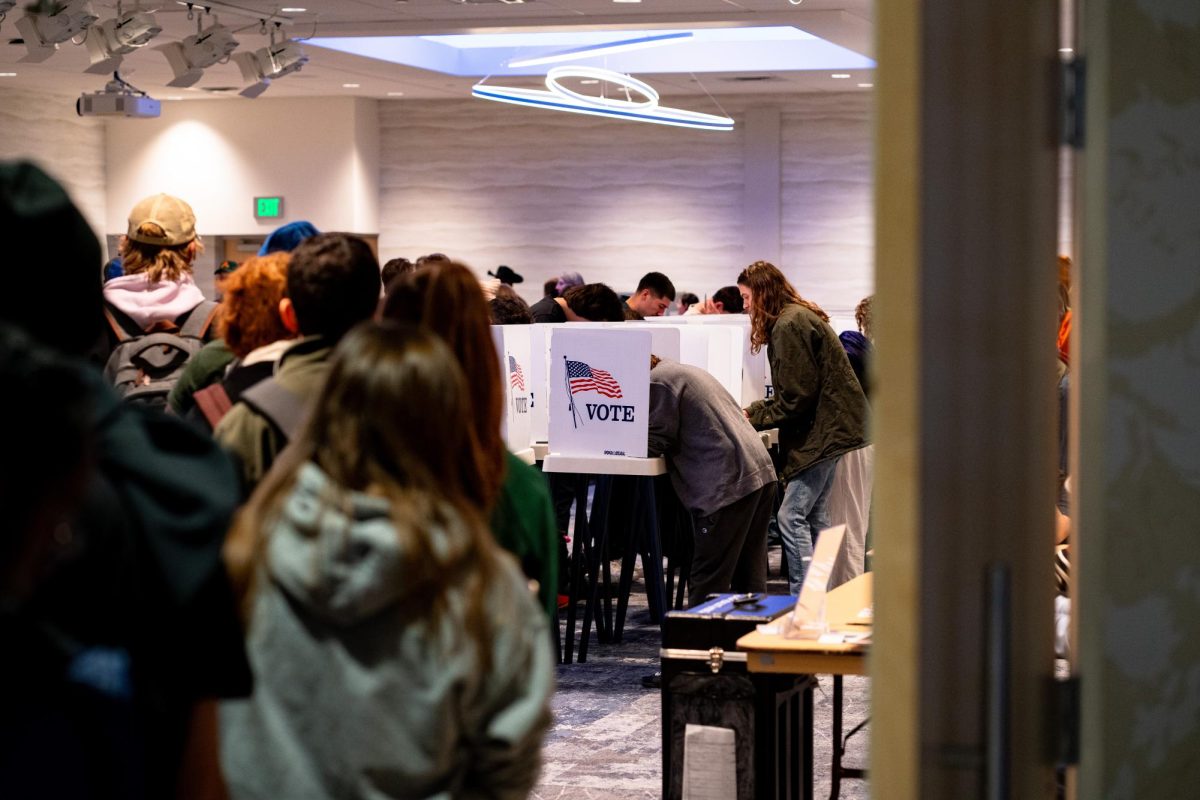 A line of people heading into a room full of voting booths and more people.