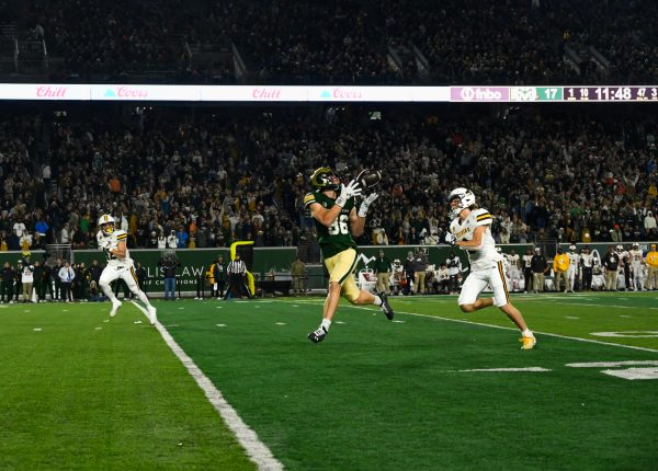 A football player in a green and gold uniform jumps and catches a football on the football field