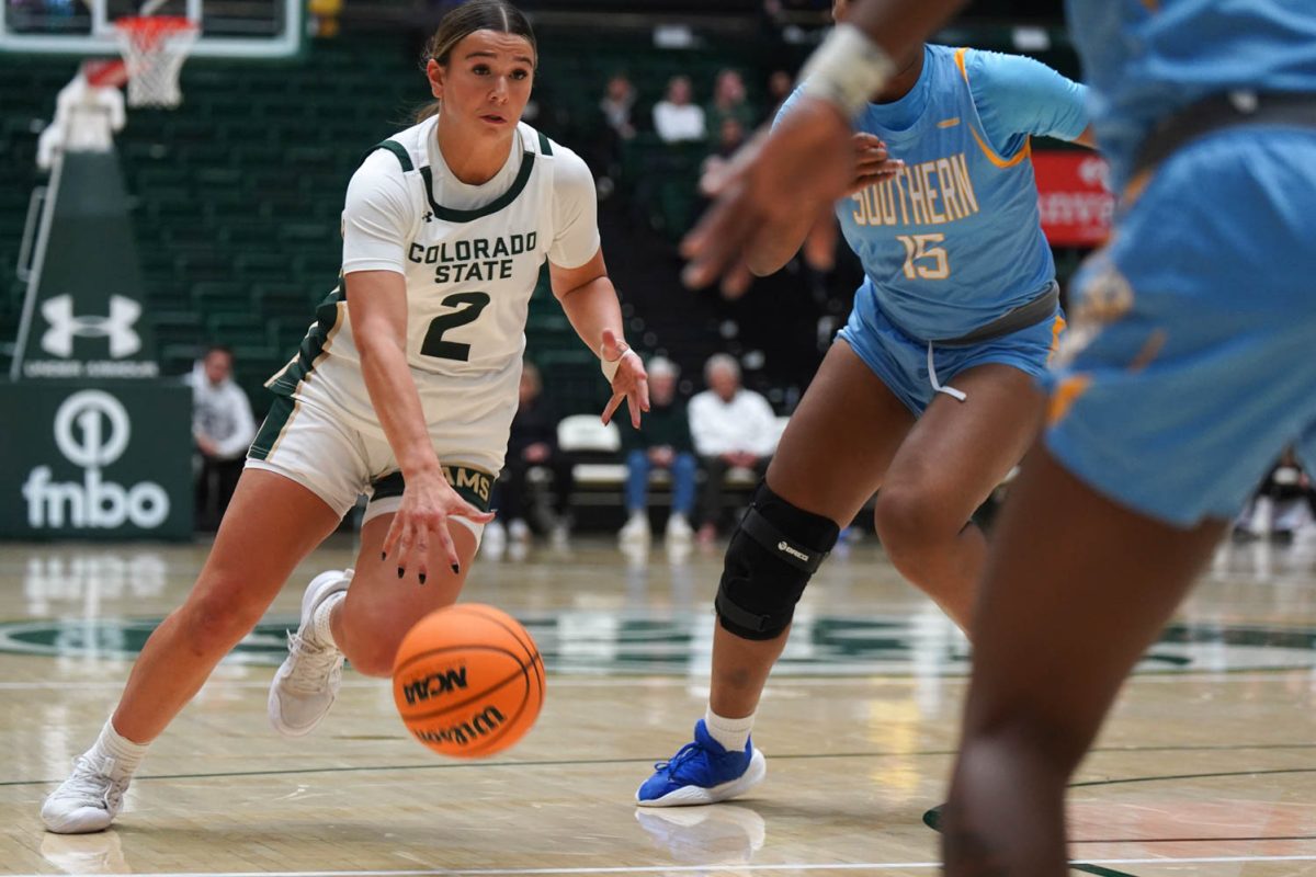 Brooke Carlson (2) dribbles down the court to make a shot against Southern University Nov. 19. Colorado State University beat Southern 78-47.