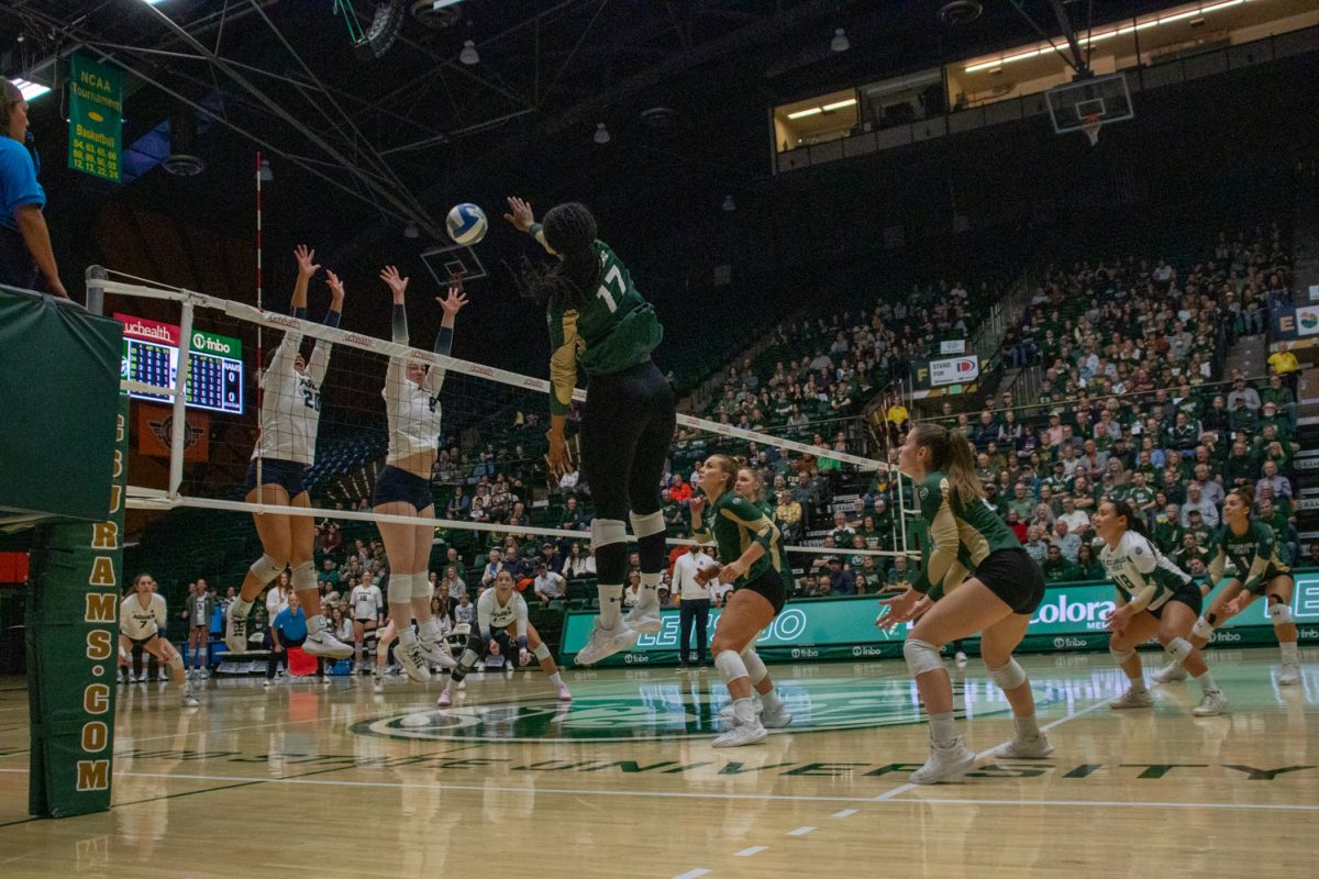 A volleyball player hits the ball.