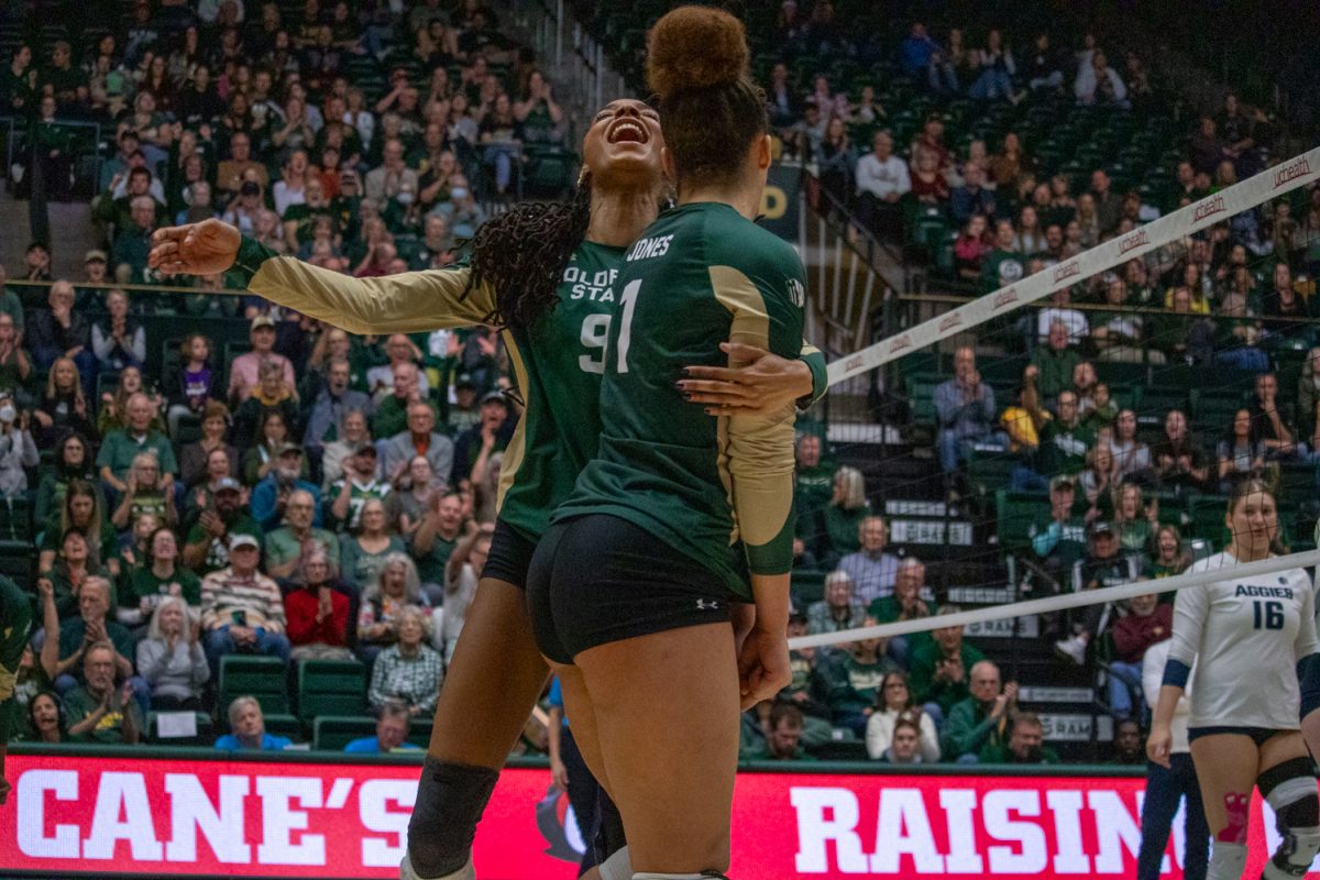 Two volleyball players celebrate after scoring a point.