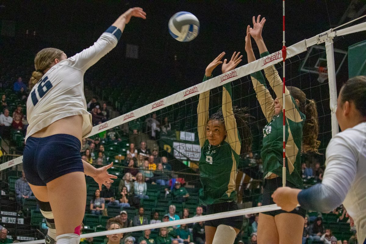 Two volleyball players block the ball.