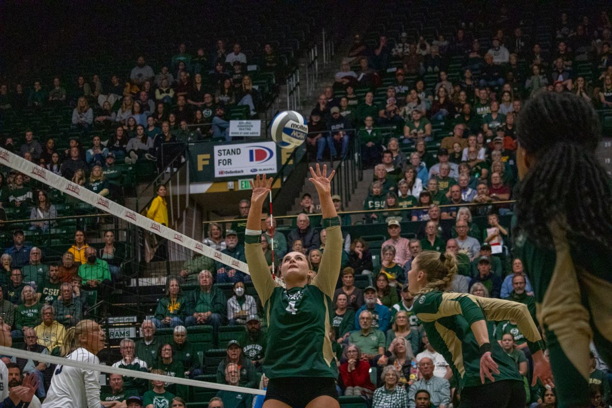 A volleyball player sets the ball.