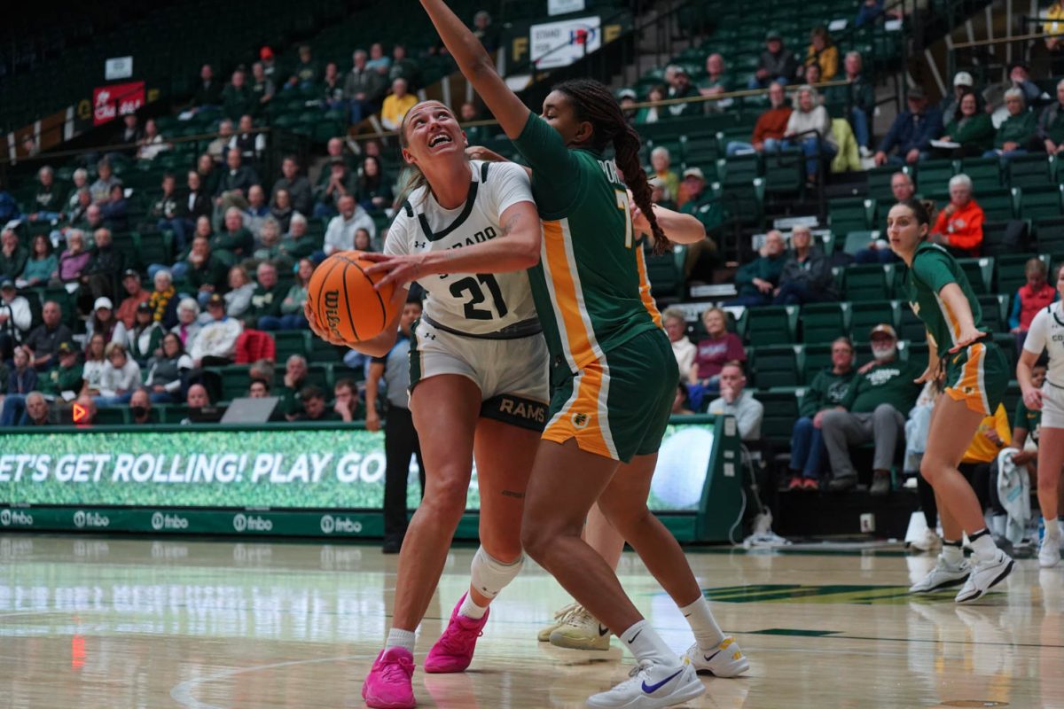 A woman in a white jersey holds a basketball while a woman in a green jersey extends her arm up next to her. They are on a basketball court.