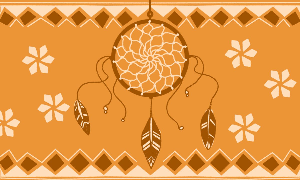 An orange illustration of a dream catcher with flowers and a patterned frame.