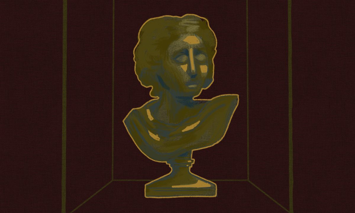 A graphic of a yellow museum bust