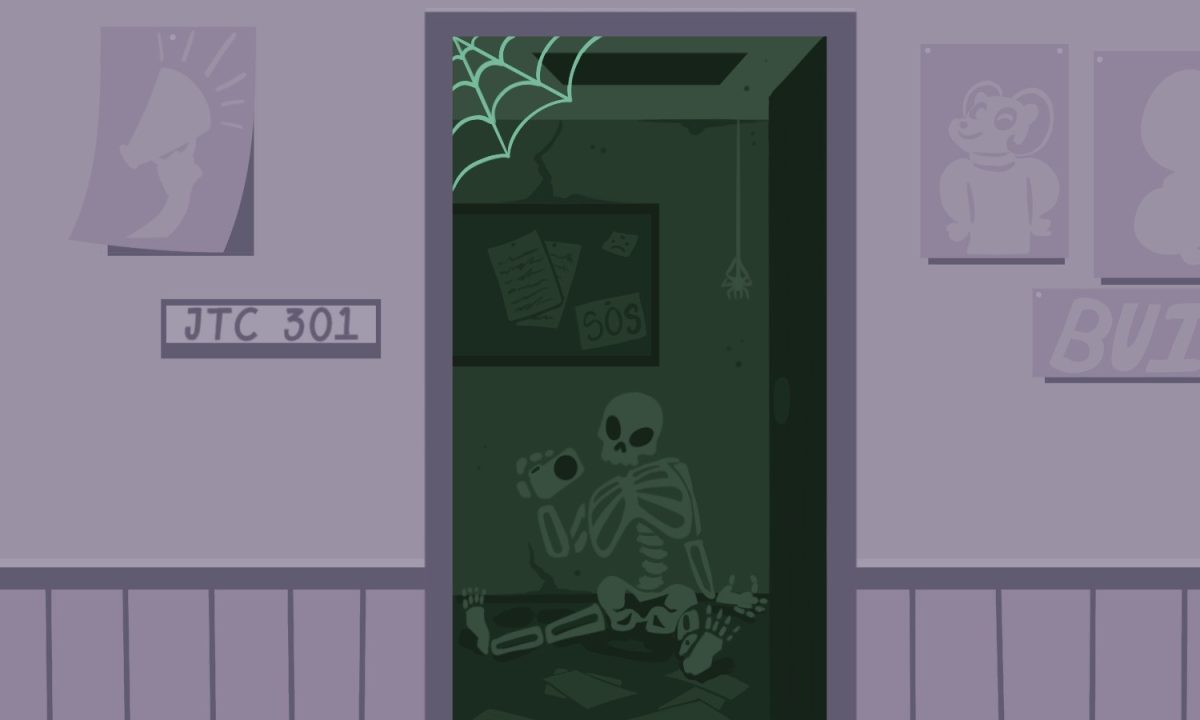 A dark green-tinted doorway with a skeleton sitting in the room. Beside the door is the room number "JTC 301."