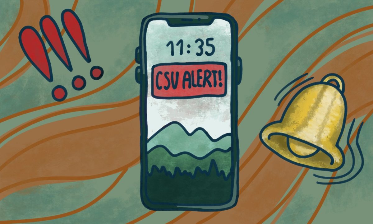 An illustration of a cell phone with the words CSU alert on the screen as a notification. Three exclamation marks and a ringing bell are on either side of the phone.