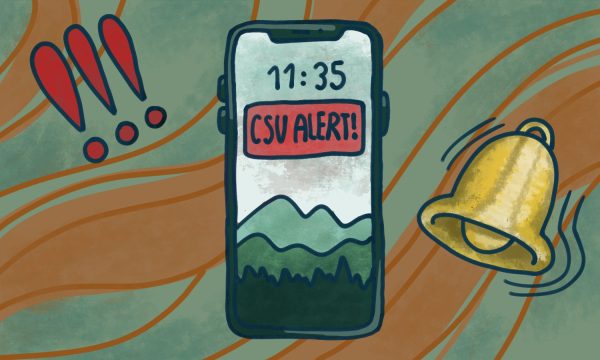 An illustration of a cell phone with the words CSU alert on the screen as a notification. Three exclamation marks and a ringing bell are on either side of the phone.