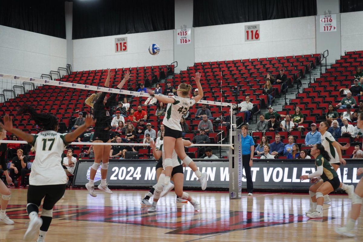 Karina Leber (42) preparing to spike the ball Nov. 29. The Rams played San Diego State and won 3-1. 