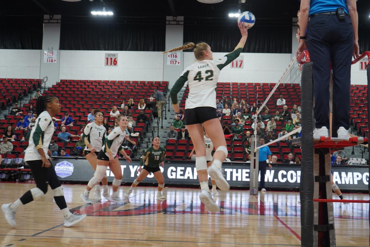 Karina Leber (42) goes in for the tip against San Jose State. The Rams won 3-1 Nov. 30, winning first within the tournament.