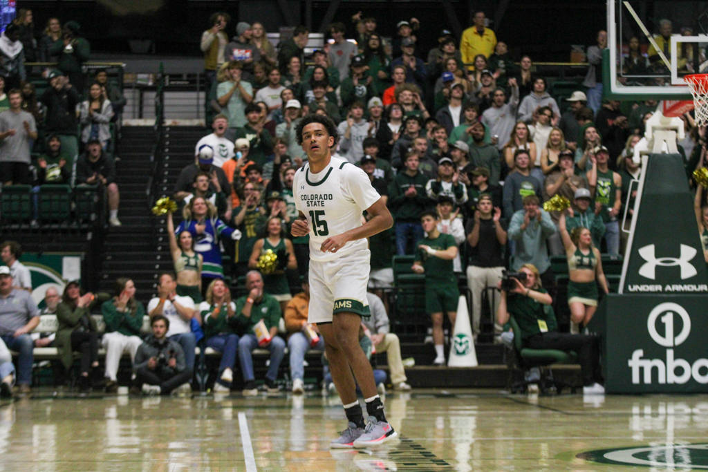 Jalen Lake (15) looks to the other end of the floor in Colorado State University's game against the University of Denver Nov. 12 in Moby Arena. CSU beat DU 74-65.