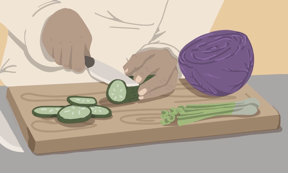 Illustration of a person slicing cucumbers on a cutting board with cabbage and green onion beside it.