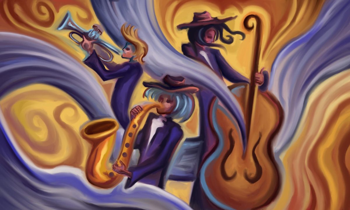 An abstract illustration of a saxophone player and a cello player. Surrounding them are swirls of purple, brown and yellow.