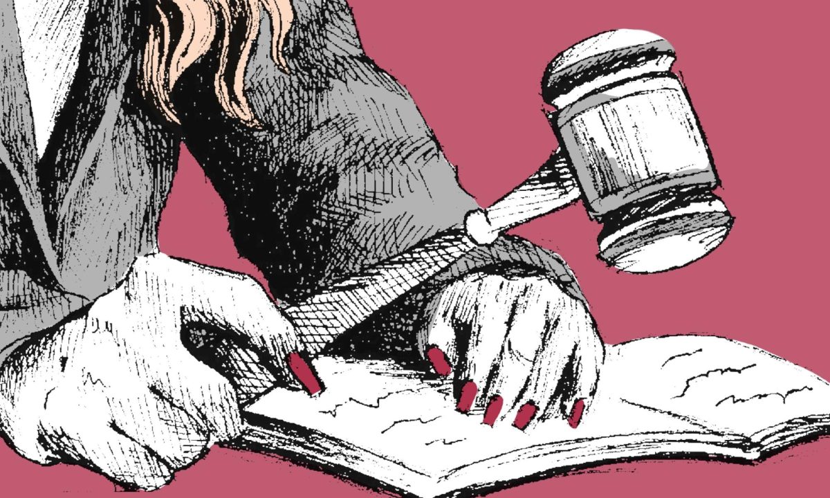 Illustration of a pink background and a woman's hands, one hand resting on an open book and another holding a gavel.