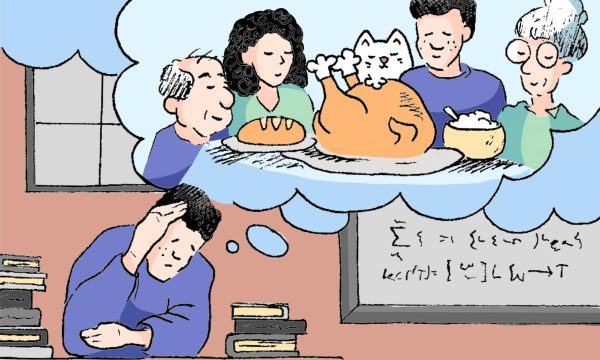 An illustration of a man sitting in a classroom with a thought bubble of himself eating turkey, bread and mashed potatoes with his family.