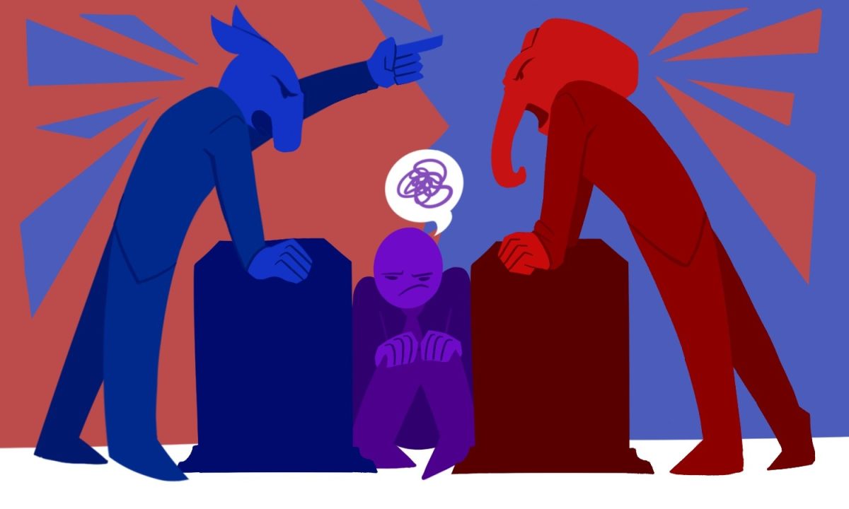 A blue donkey representing the Democratic party and a red elephant representing the Republican party arguing while a confused purple man in the middle represents the third party.