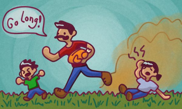 A graphic of a man surrounded by two children running with a football and shouting "Go long!"