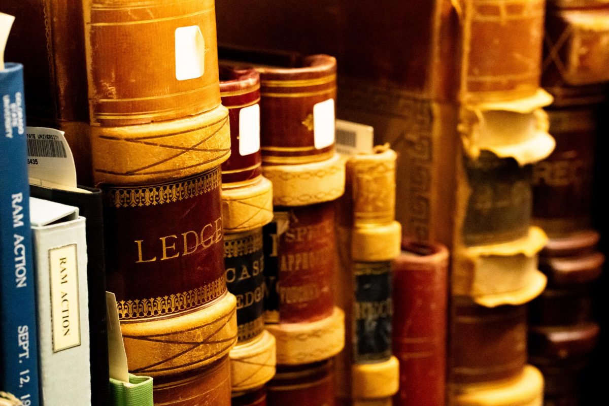 A close up of old books marked with the word "Ledger" on the spine of the book.